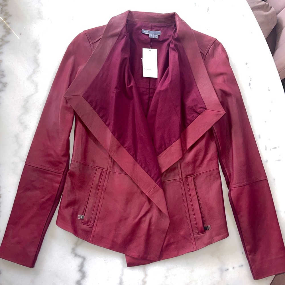 New With Tags- VINCE Burgundy Draped Leather Jacket
